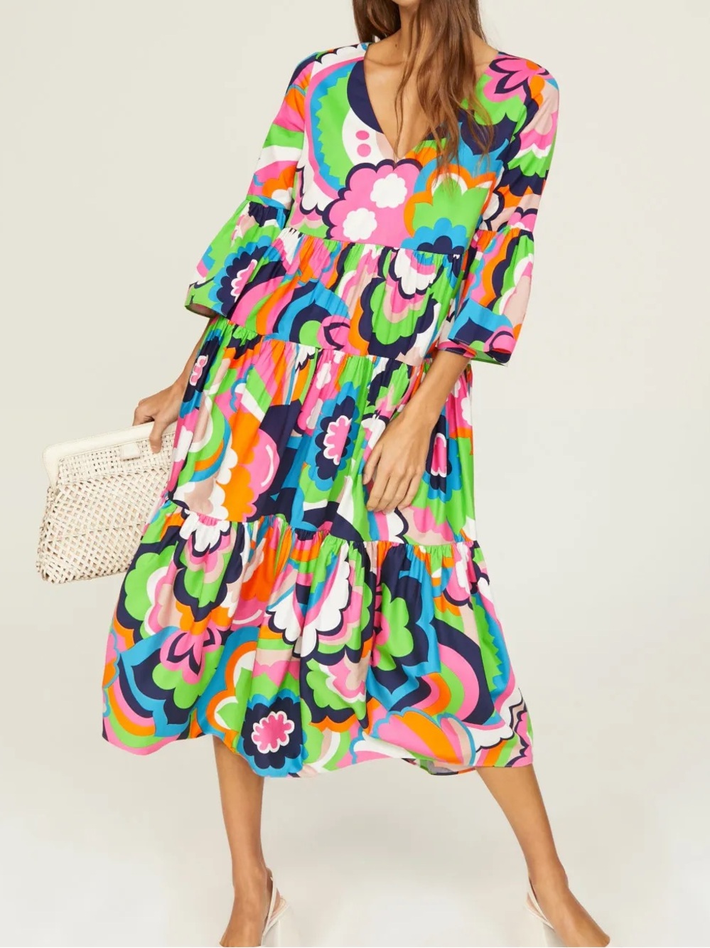 Trina Turk Multi-Color Floral Blossom V‑Neck Midi Flower Dress